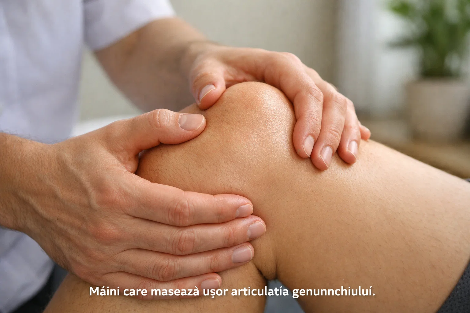 close-up of hands gently massaging knee joint, natural lighting, professional healthcare setting, calming atmosphere, detailed anatomical focus